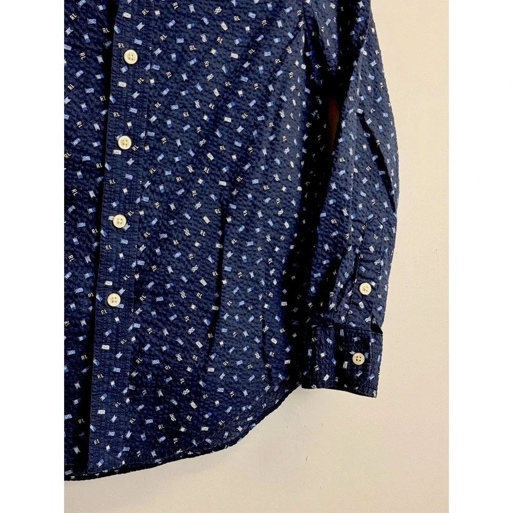 Ralph Lauren Boys Sz S/8 Nautical Seersucker Long Sleeve Button Down Shirt, Navy